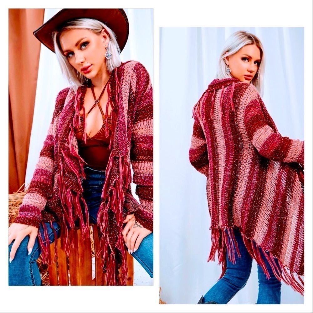 NWT! BOHEMIAN COLOR BLOCK FRINGE TRIM OPEN FRONT CARDIGAN!